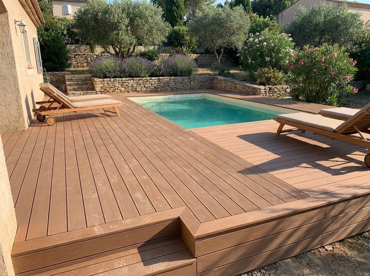 Deck em compósito castanho junto a piscina