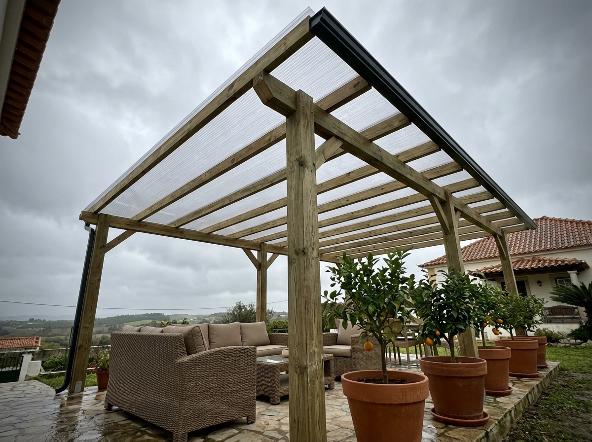 Pérgola com cobertura em policarbonato sobre terraço